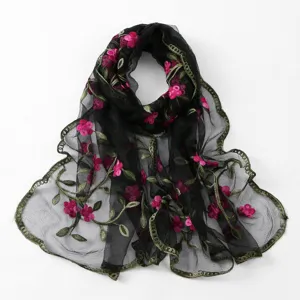 Black sheer embroidered mesh scarf with pink floral vine design lightweight chic summer shawl.