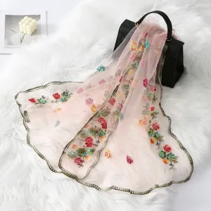 Floral embroidered sheer long scarf, lightweight breathable pink shawl for women, stylish travel wrap.