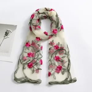 Lightweight sheer nylon embroidered long scarf with pink floral vine design for women.