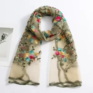 Women lightweight sheer embroidered long scarf elegant floral wrap breathable beach shawl