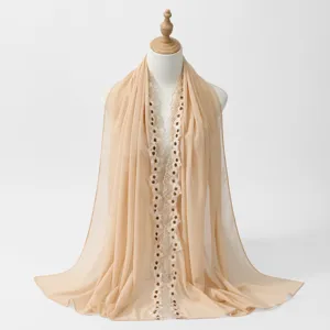 Elegant women chiffon long scarf with delicate floral lace trim, solid beige shawl hijab.