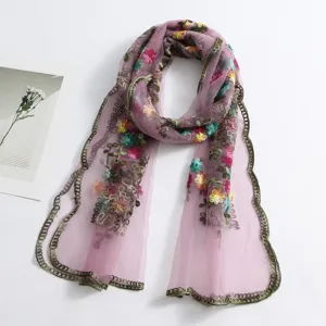 Elegant purple sheer embroidered long scarf with colorful floral design and lace edge.