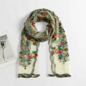 Women's lightweight floral embroidered sheer nylon long scarf versatile fashion travel shawl.