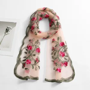 Lightweight sheer nylon floral embroidered long scarf for women, breathable fashion shawl wrap.