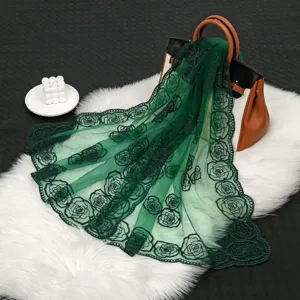 Womens Fashion Long Scarf Polyester Gauze Floral Embroidered Shawl Summer Sun Protection Beach Scarf Head Wrap