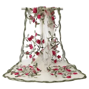 Women's lightweight nylon embroidered floral sheer long scarf travel fashion shawl