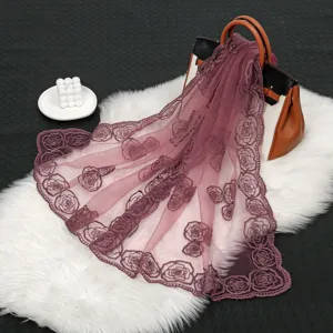 Embroidered rose lace scarf for women, lightweight summer sun protection shawl and head wrap.