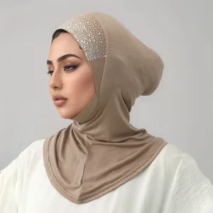 Women Ethnic Style Hot Fix Rhinestone Solid Color Muslim Hijab Cap Casual Beanie Headwear Shawl Scarf For Daily Wear