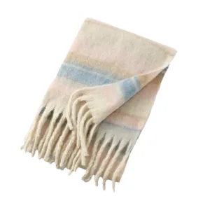 Colorful striped cashmere scarf women winter warm thick fringe shawl soft cozy winter