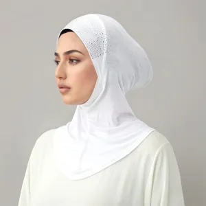 Detailed view of white rhinestone hijab cap for women, elegant ethnic style headscarf.