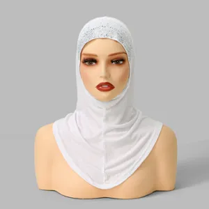 White Muslim hijab with rhinestones, chin cover amira cap, elegant women casual headscarf shawl.