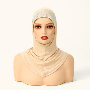 Rhinestone hijab cap detail view, elegant beige sparkly head cover for women daily wear.
