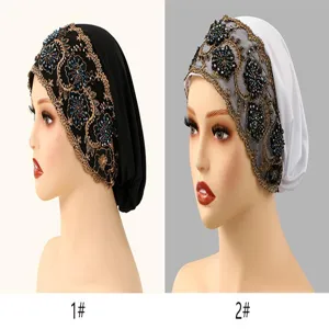 Close-up detail of women beaded lace cap headwrap, elegant floral design, comfortable fit.