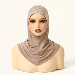 Rhinestone decorated inner hijab cap detail, Muslim headscarf with sparkly crystal rhinestones.