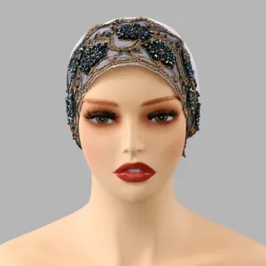 Beaded lace cap for women, stylish Muslim hijab undercap, comfortable breathable bonnet hat.