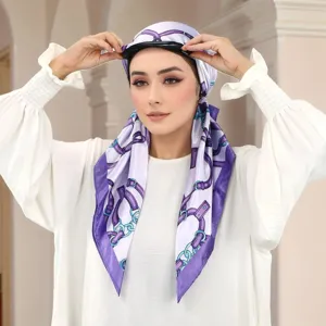Donna moda satin foulard cappello elegante stampa cintura viola antiscivolo lungo hijab cuffia