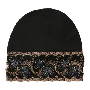 Black Beanie Hat for Women Elegant Beaded Lace Trim Versatile Pullover Cap Stylish Headwear