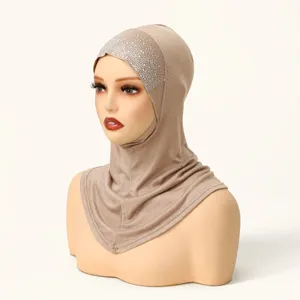 Beige rhinestone muslim hijab cap ready to wear instant scarf modest headwear
