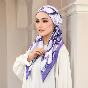 Donna satin hijab cappello moda stampato lungo coda turbante copricapo elegante nuovo