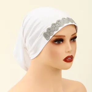 Women white rhinestone inner hijab cap polyester solid color stretch under scarf hat