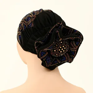 Women rhinestone turban chemo hat breathable soft versatile fashion head cover black cap