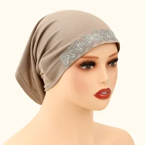 Rhinestone Decor Polyester Tube Cap Women Fashion Versatile Inner Hijab Hat Detail View