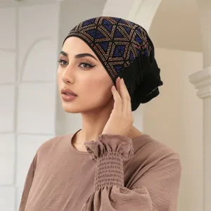Women Rhinestone Turban Hat Fashion Stretch Chemo Cap Breathable Black Head Cover Casual Daily Accessories