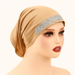 Women Rhinestone Wave Elastic Hijab Cap Muslim Inner Cap Khaki Fashion Muslim Headwear Dress