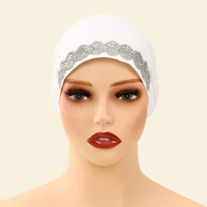 Stylish white polyester rhinestone hijab inner cap for women, comfortable and versatile daily wear.