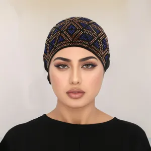Women rhinestone turban cap stretchy chemo hat breathable fashion head cover elegant black headwear