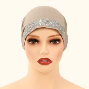 Women rhinestone hijab inner cap polyester breathable stretch solid fashion Muslim headwear