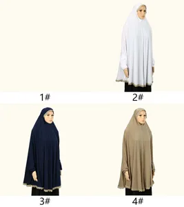 New style Muslim long hijab robe with lace trim and sleeves, elegant ethnic design.