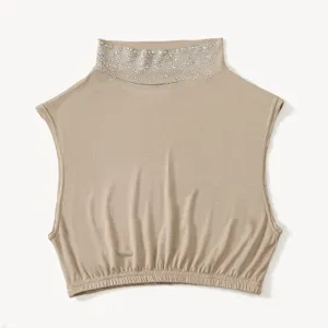 Khaki rhinestone mock neck detachable false collar, detail view of the elastic hem.