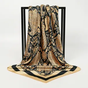 Black gold paisley satin square scarf women elegant vintage fashion hair accessory neckerchief