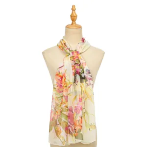Detailed view of women's floral print chiffon scarf, lightweight neckwear for sun protection.