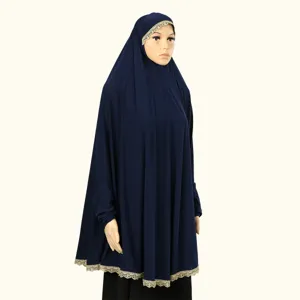 Navy blue Islamic hijab long robe with elegant gold lace trim and sleeves detailed view.