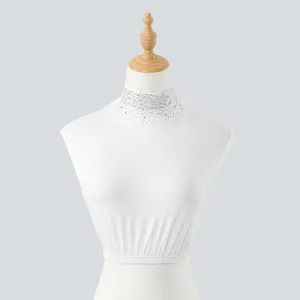 White rhinestone mock neck detachable fake collar for women stylish winter accessory.