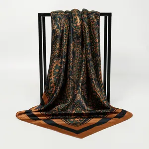 Retro satin paisley print square scarf for women, elegant 90cm vintage neckerchief.