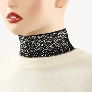 Black rhinestone mock neck detail, sparkling crystal choker collar, elegant fashion item.