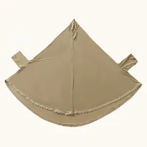 Khaki hijab with sleeves and delicate lace trim, comfortable pullover long robe for daily wear.