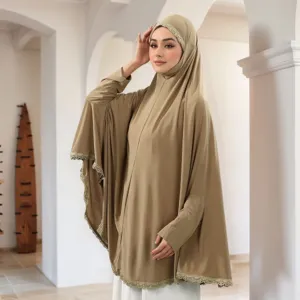 Elegant embroidered lace Muslim prayer dress with sleeves and hijab for women stylish daily wear.