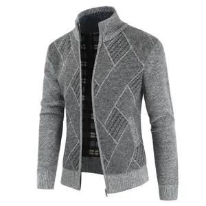 Close-up of men's knit cardigan featuring geometric diamond pattern, high collar, and front zipper.