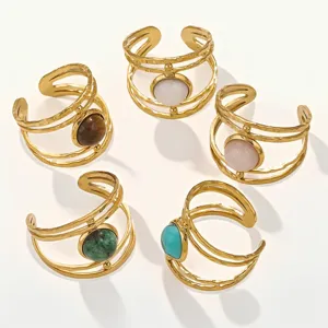 Vintage Stainless Steel Open Ring For Women Hammered Gold Plated Geometric Stone Adjustable Finger Ring Jewelry Gift