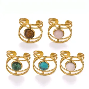 Vintage gold-plated titanium steel open rings with various natural stone cabochons.