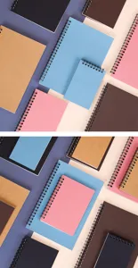 Detailed view of colorful spiral notebooks in various sizes and earth tones arranged neatly.