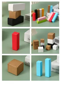 Collage showing various colorful small paper packaging boxes for lipstick and oils