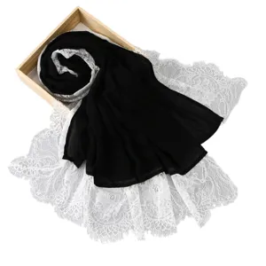 Women contrast color lace long scarf black white stylish rayon casual shawl wrap headscarf