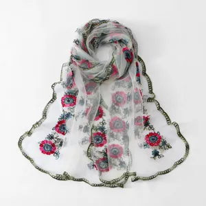 Polyester floral embroidered sheer scarf, lightweight mesh long scarf for women variant.