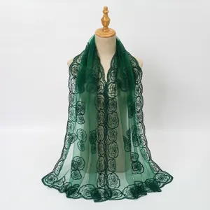 Dark green floral embroidered lace scarf, lightweight sheer summer sun protection shawl for women.