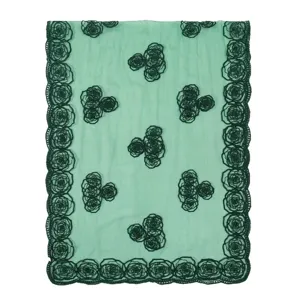 Green rose embroidered lace scarf for women, elegant sheer summer sun protection shawl.
